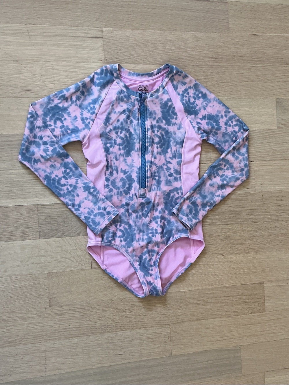 Athleta Girls Pink & Gray Tie-Dye Long-Sleeve One-Piece Rash Guard